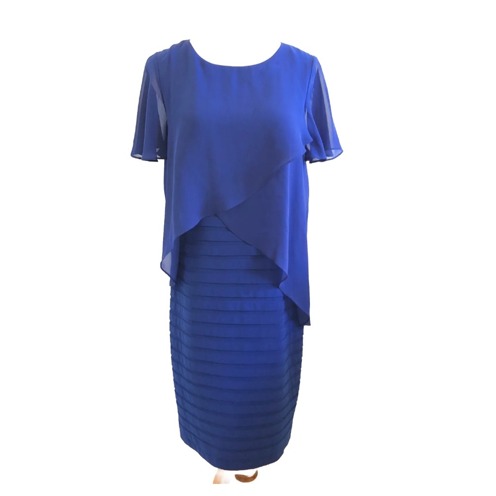 Adrianna Papell Women Royal Blue Dress Size 10 Sheer Layered Formal Wedding